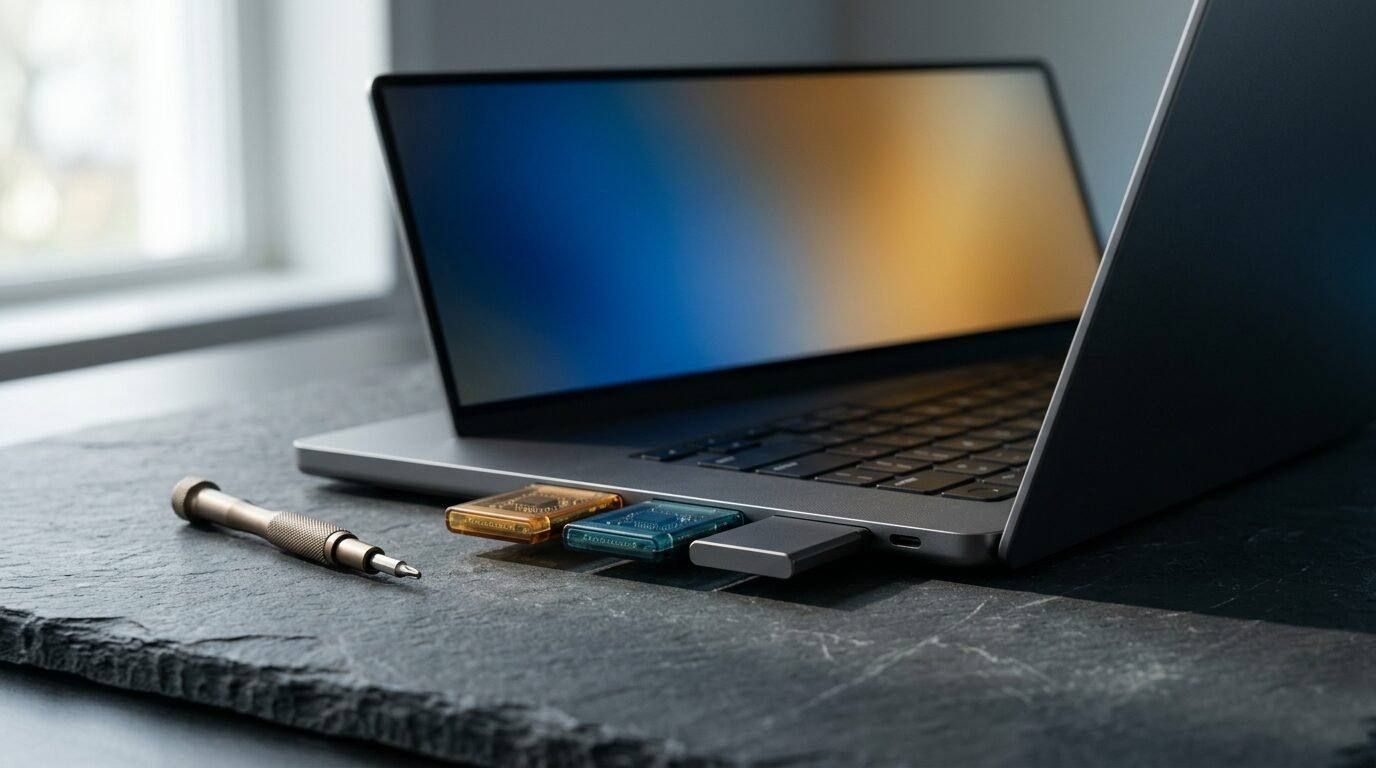 Slim aluminum laptop open on a slate workbench with modular expansion cards in its side ports