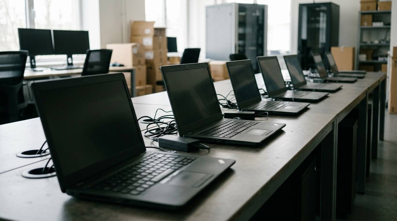 Row of identical office laptops on a long IT department desk