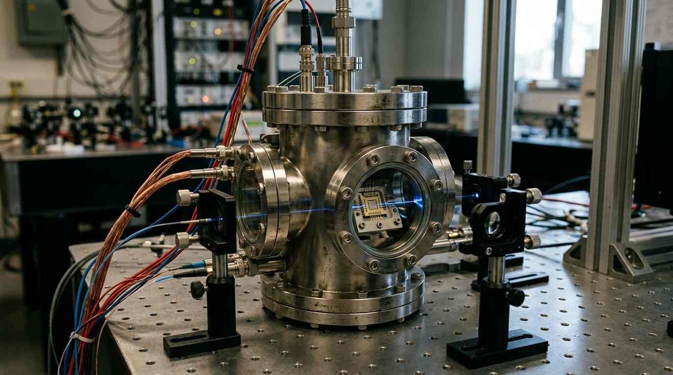 Atom-chip vacuum chamber crossed by a blue laser beam