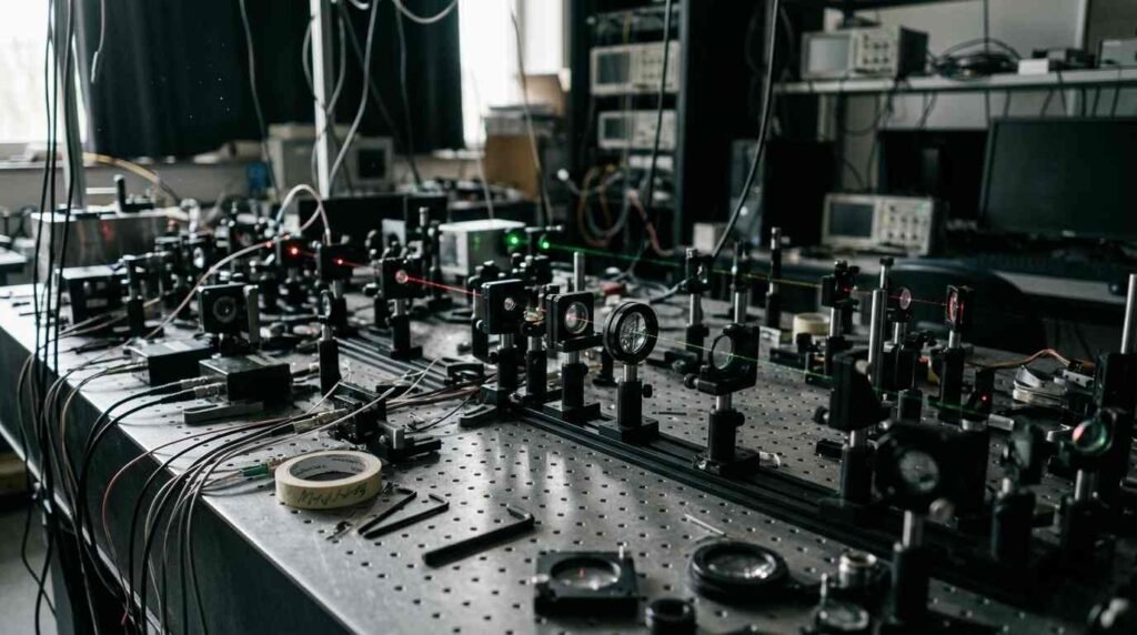 Optical table with mirrors, lenses and laser beams