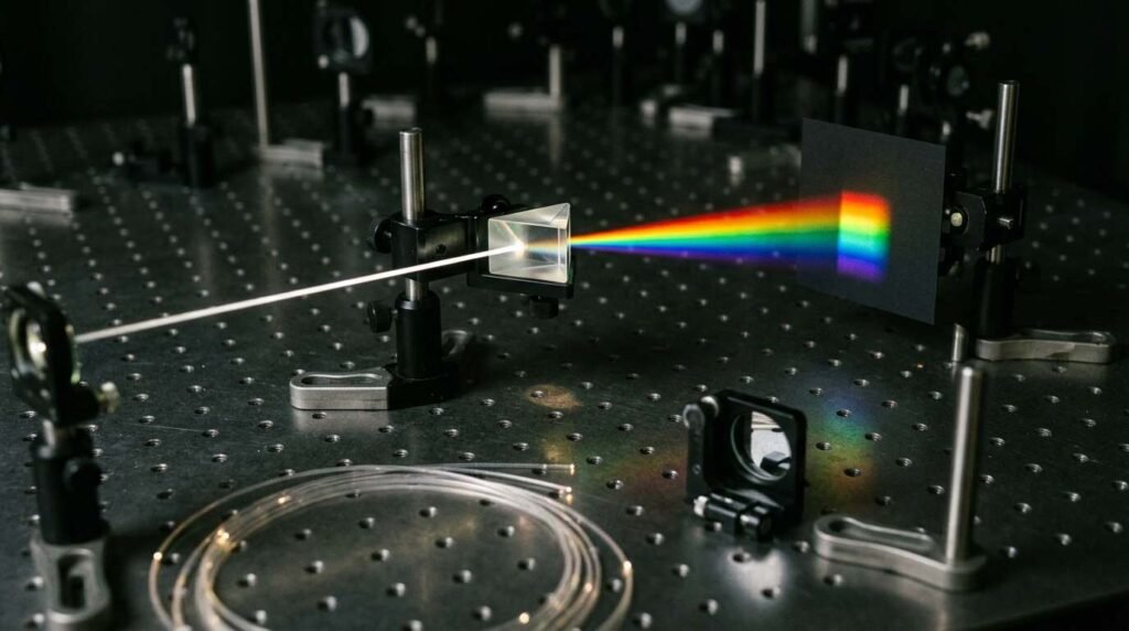 White light split into a spectrum by a prism on an optical table