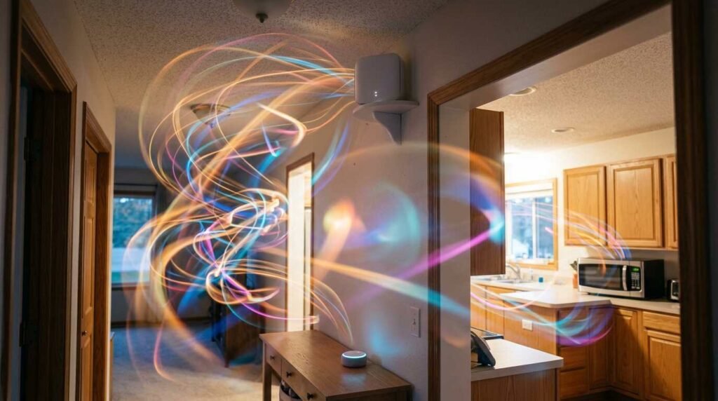 Light trails between a mesh router, smart speaker and microwave suggesting crowded 2.4 GHz traffic
