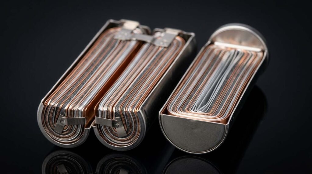 Two lithium-ion cells sliced open side by side showing tabbed and tabless electrode construction