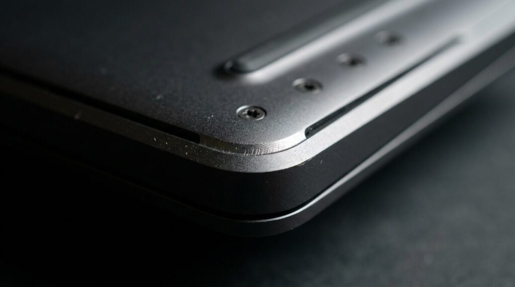 Machined aluminum laptop chassis edge with Torx screws in the background