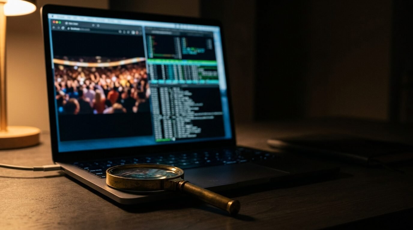 Dark desk at night with a laptop showing a paused video frame, a terminal window and a brass magnifying glass