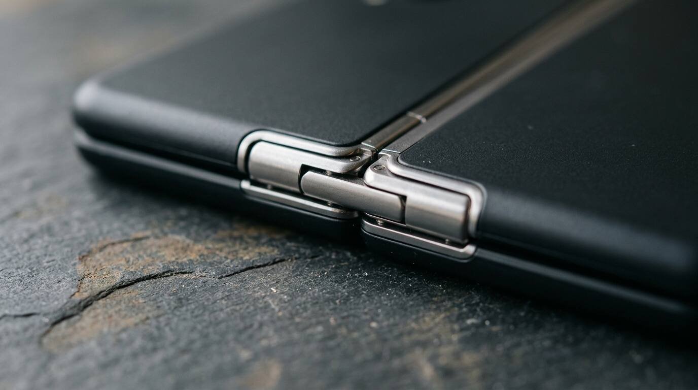 Close-up of a smooth metal hinge on a dark foldable electronic device on a slate surface