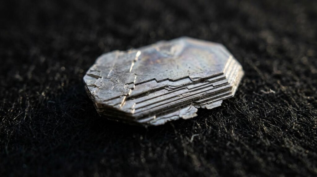 Layered metallic crystal flake with stepped terraces on black felt