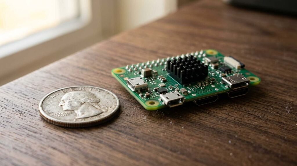 Single-board computer beside a coin on a desk