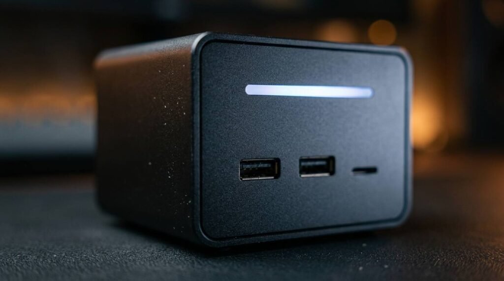 Front face of a matte-black mini PC with an LED light bar, USB ports and a card slot