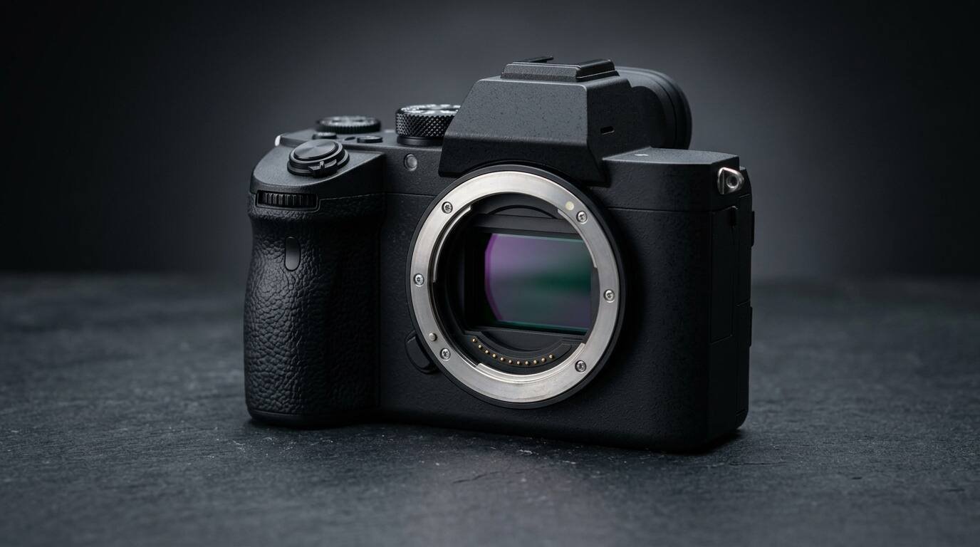 Unbranded full-frame mirrorless camera body with an open lens mount on a slate surface
