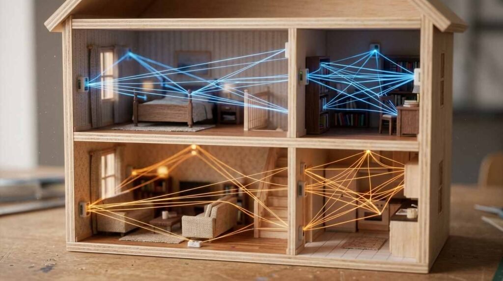 Dollhouse model with two separate webs of glowing thread connecting small devices