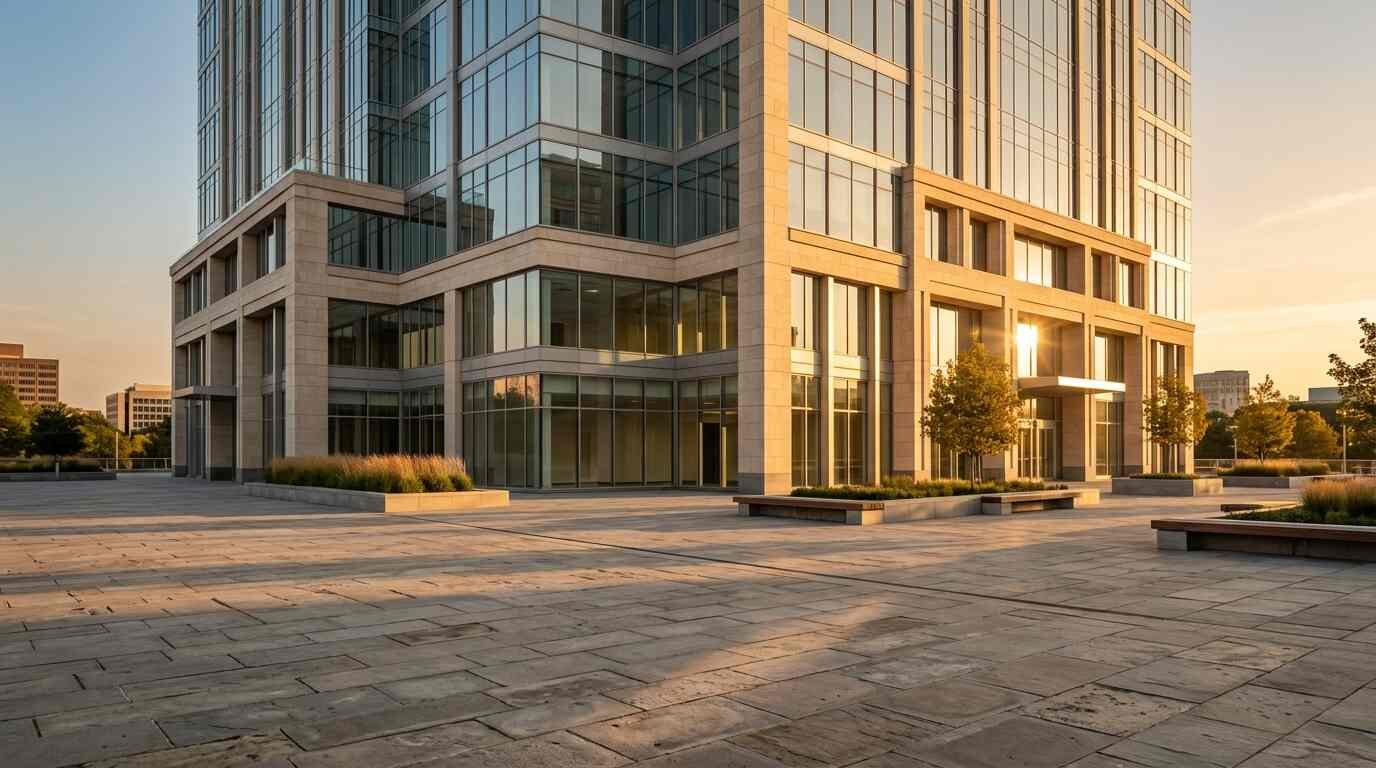 An empty modern glass and limestone office tower at golden hour with a quiet stone plaza