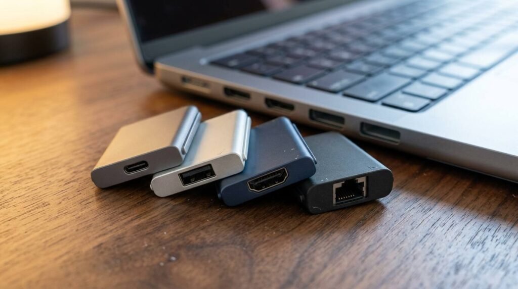 Four modular expansion cards fanned out on a walnut desk beside a laptop