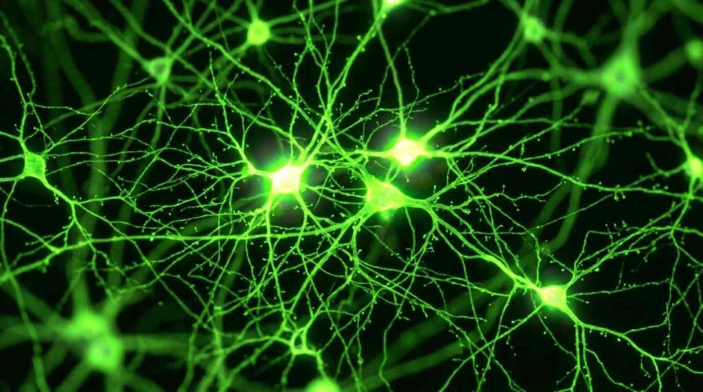 Neurons glowing with fluorescence under a microscope