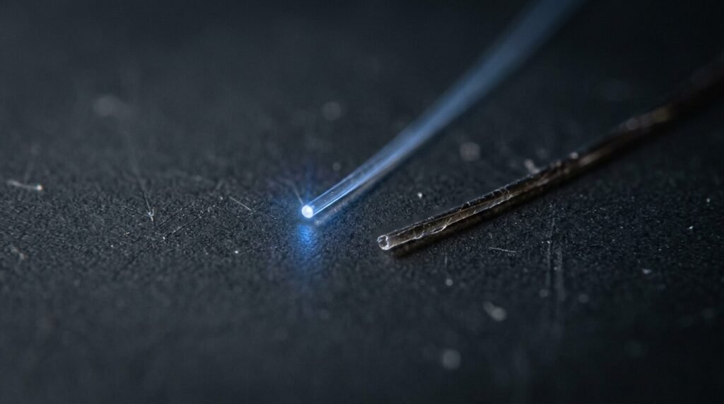 Optical fiber emitting a blue glow