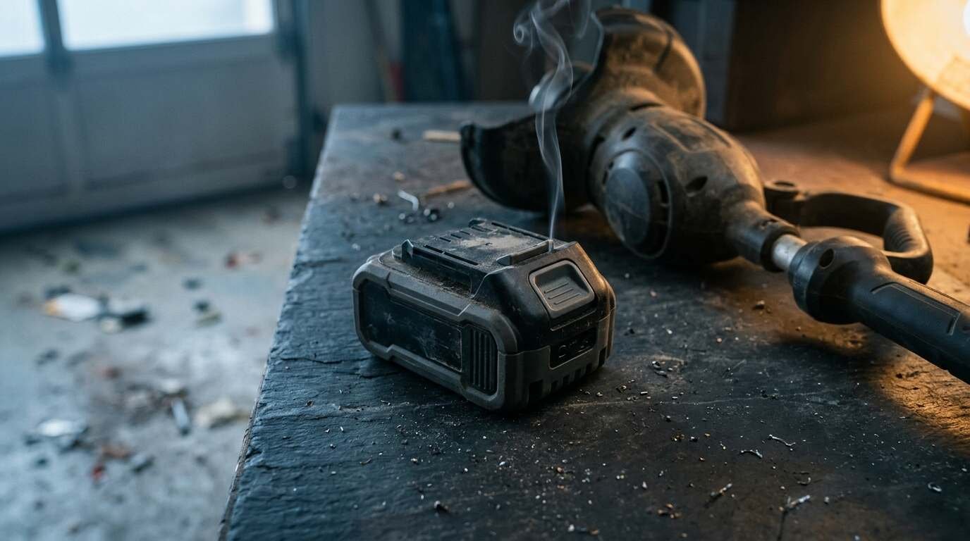 Unbranded 24V cordless tool battery pack with a thin wisp of smoke at the charging port on a dark slate workbench
