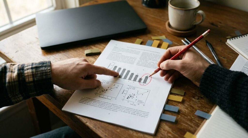 Researchers' desk with a printed paper, charts and a red pencil circling a bar