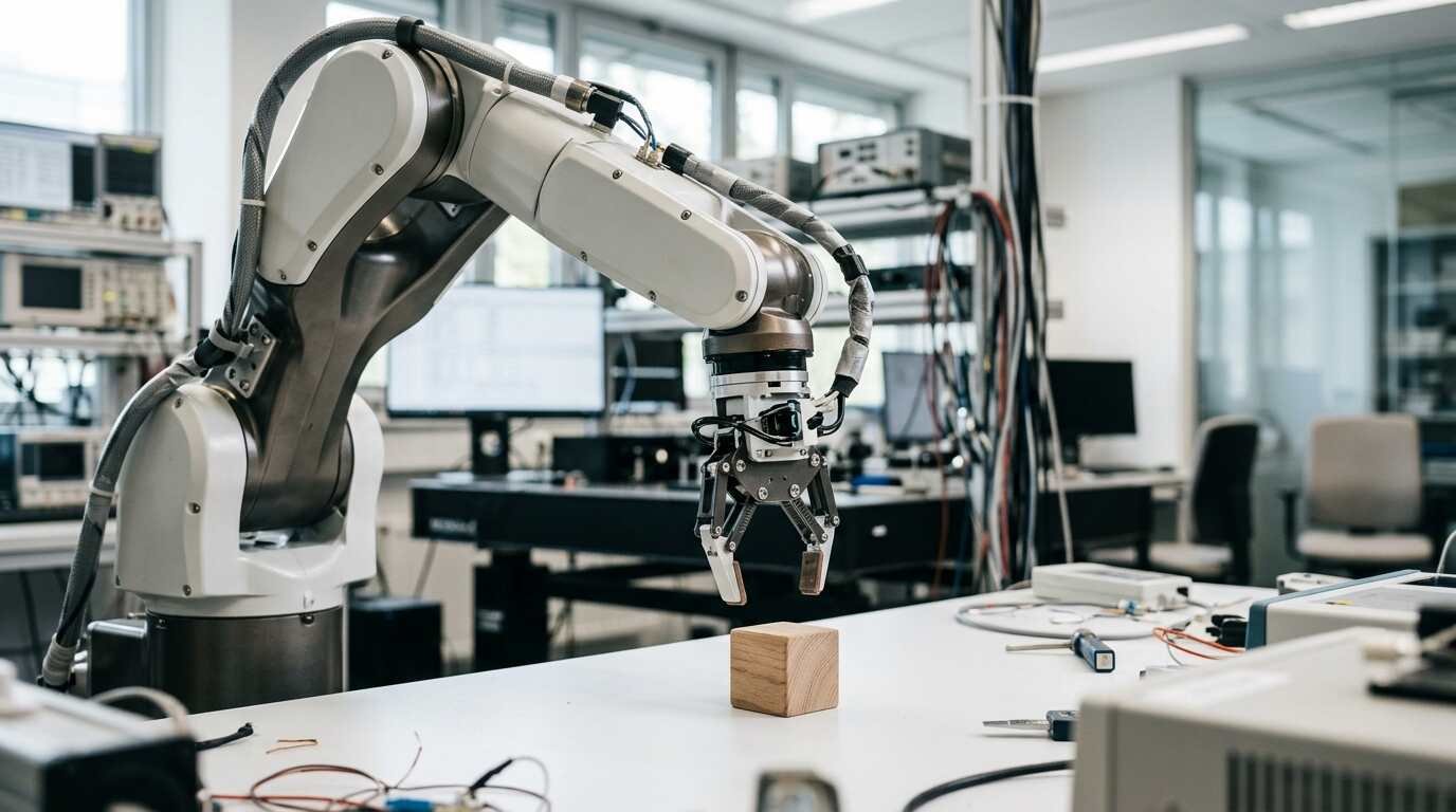 Robotic arm in a bright research lab reaching toward a small wooden block on a white workbench