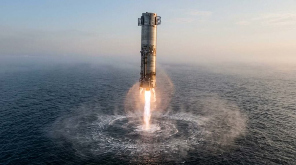 Stainless-steel booster descending over the ocean on a single engine