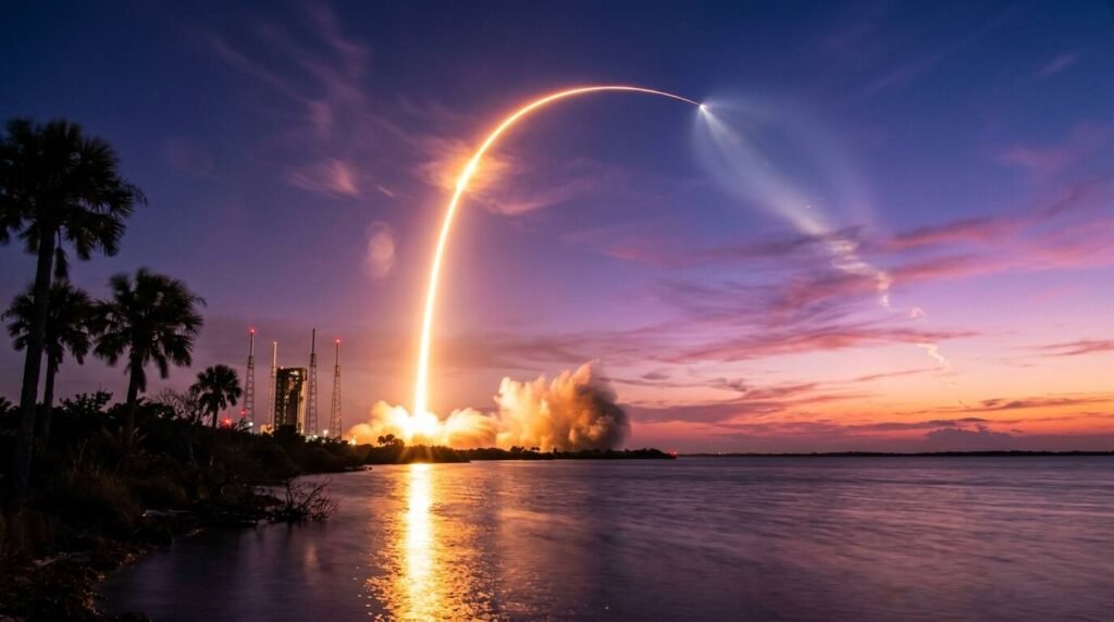 Long-exposure rocket ascent from a Florida coastal pad at dusk