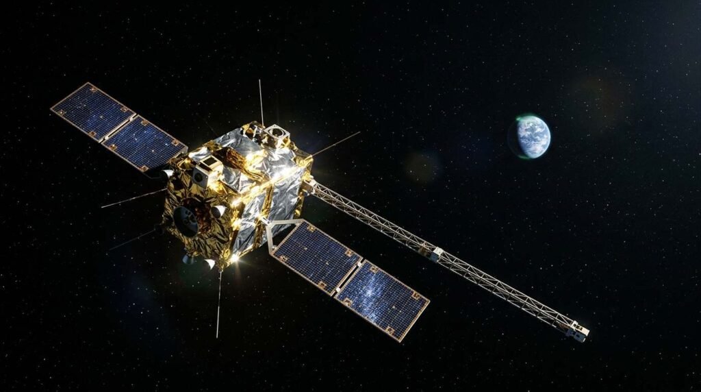 Small science satellite with solar panels and a magnetometer boom far from Earth
