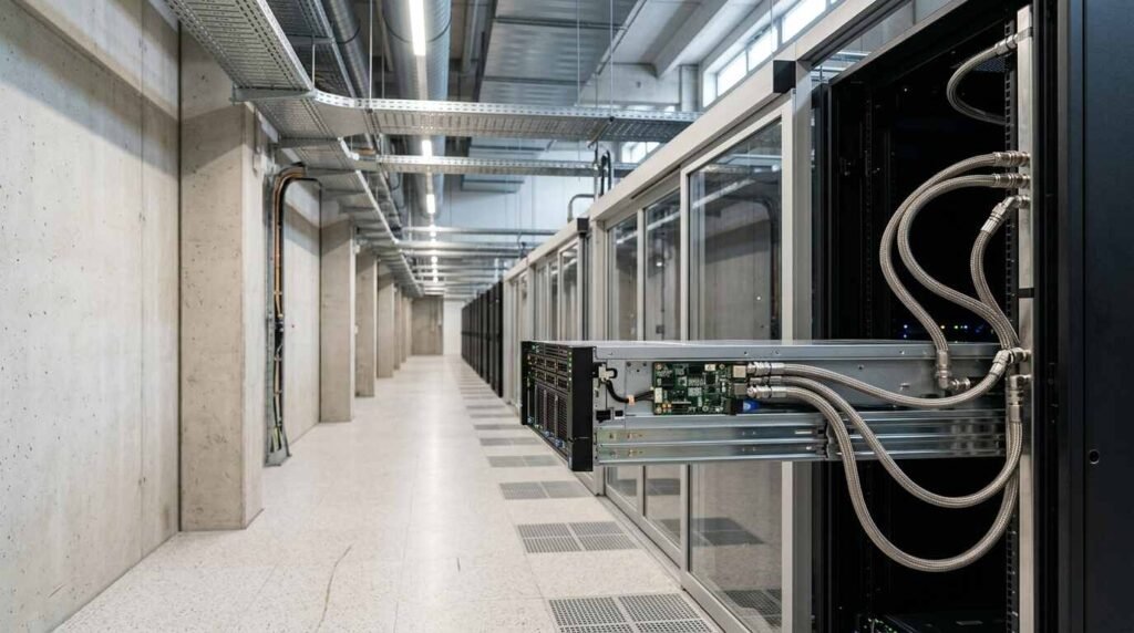 Colocation hall with a server tray pulled out of a rack
