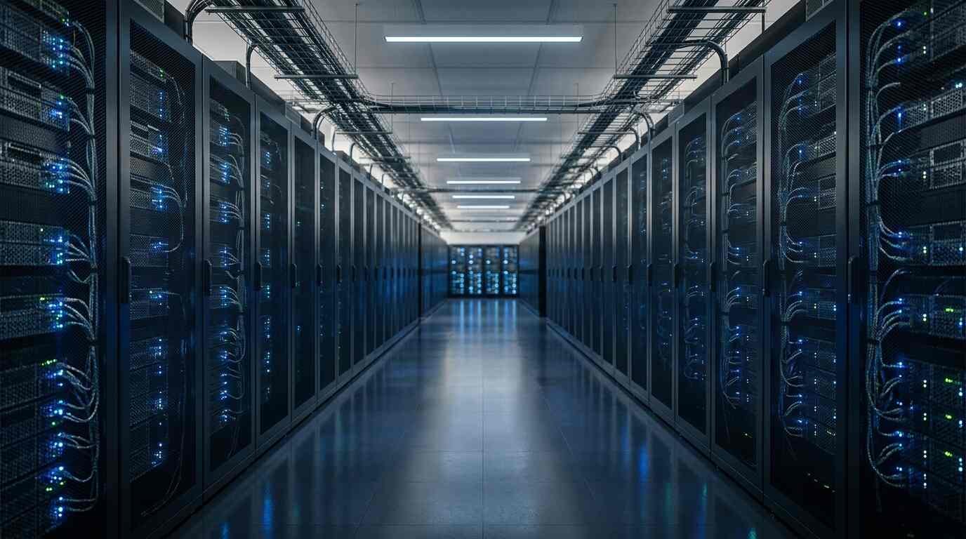 Long rows of server racks in a data center aisle lit by cool blue indicator lights