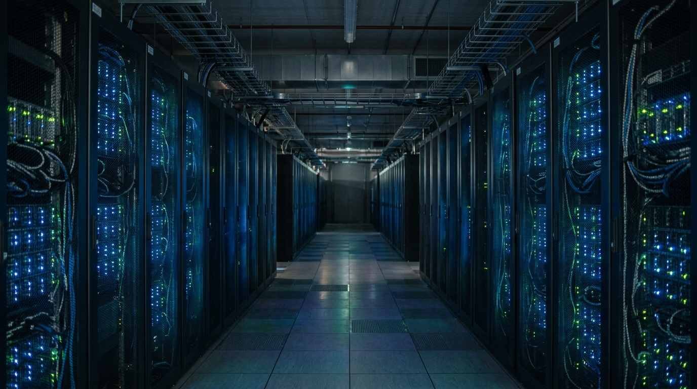 A long corridor of server racks with blue and green indicator lights inside a dim data hall