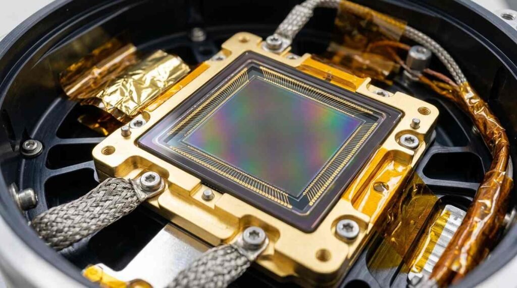 Silicon CCD detector on a gold-plated cooling bracket with bond wires