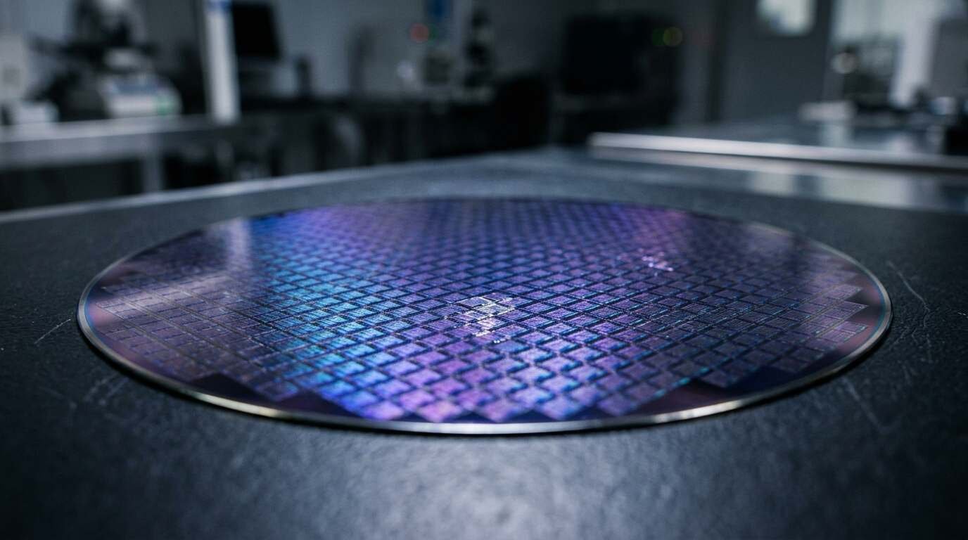 A silicon wafer on a dark surface