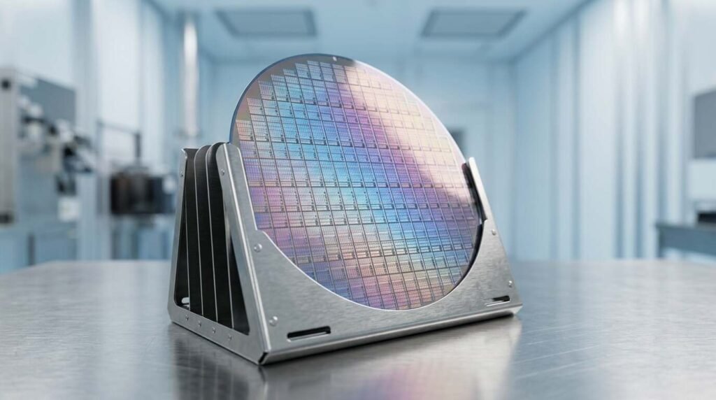Silicon wafer on a table in a cleanroom