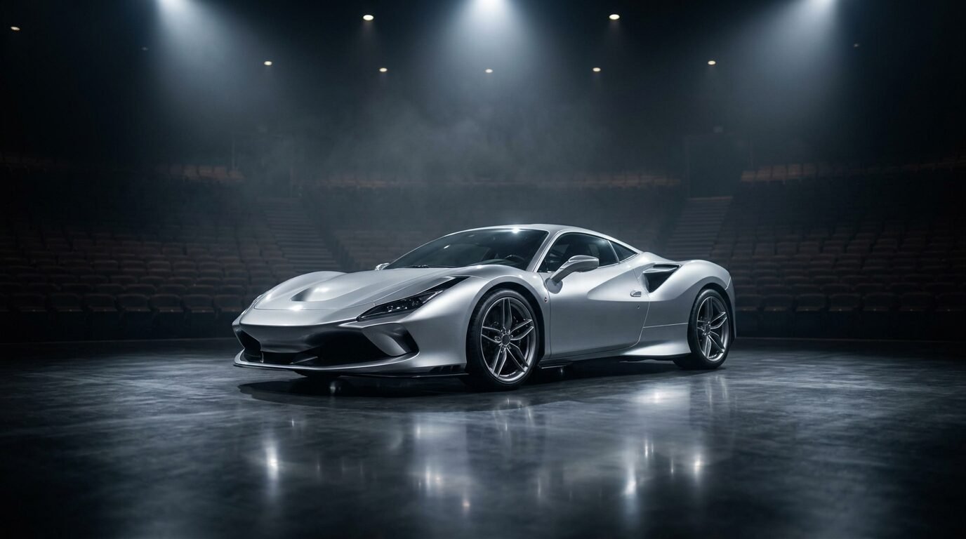 Low silver sports car with no badges on a dark polished stage under spotlights in an empty auditorium