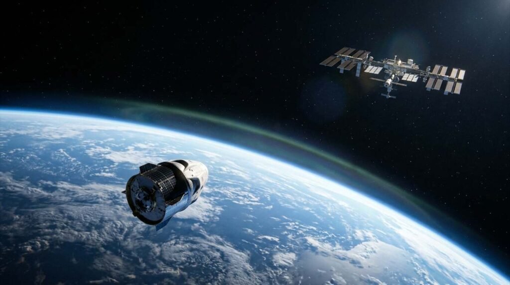 Capsule closing in on a station along Earth's limb