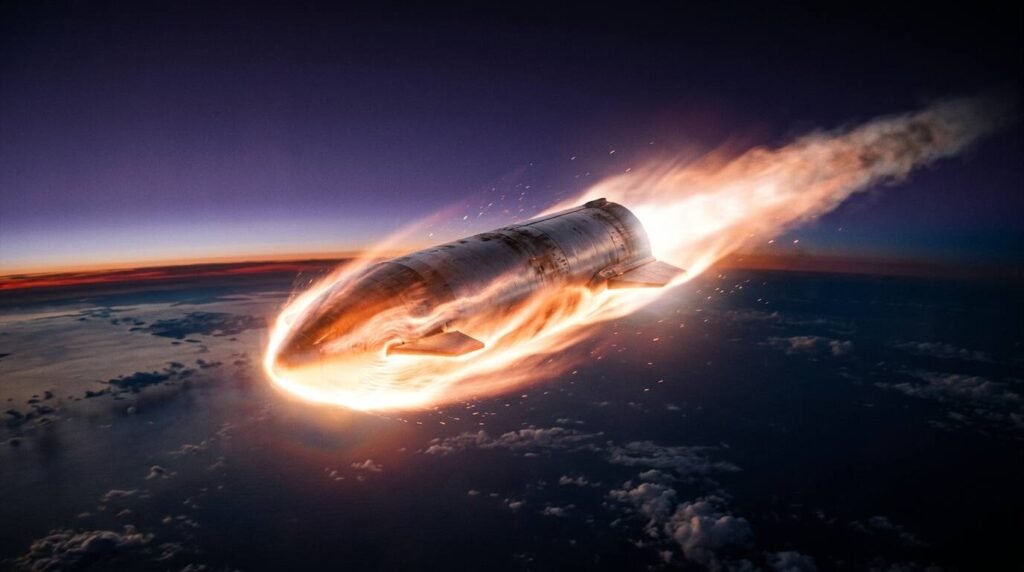 Spacecraft glowing with reentry plasma over the Pacific at dusk