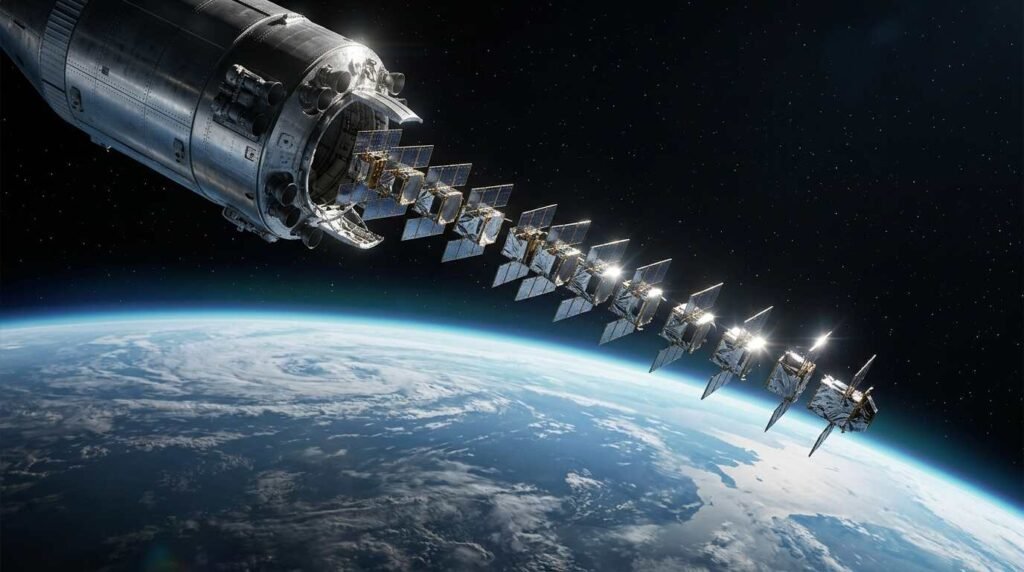 Spacecraft releasing flat-panel satellites in low Earth orbit