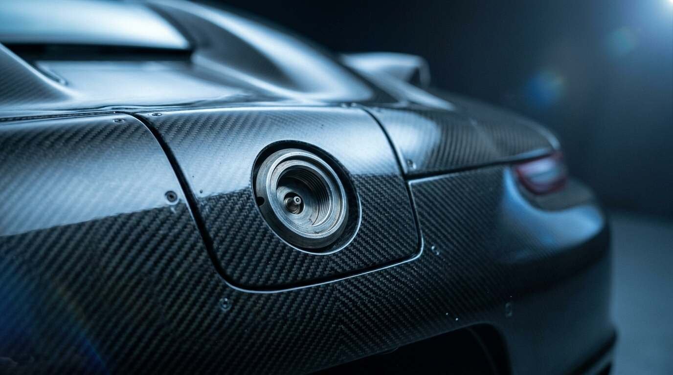 Close-up of a small round metal nozzle set into the carbon-fiber rear bodywork of a sports car