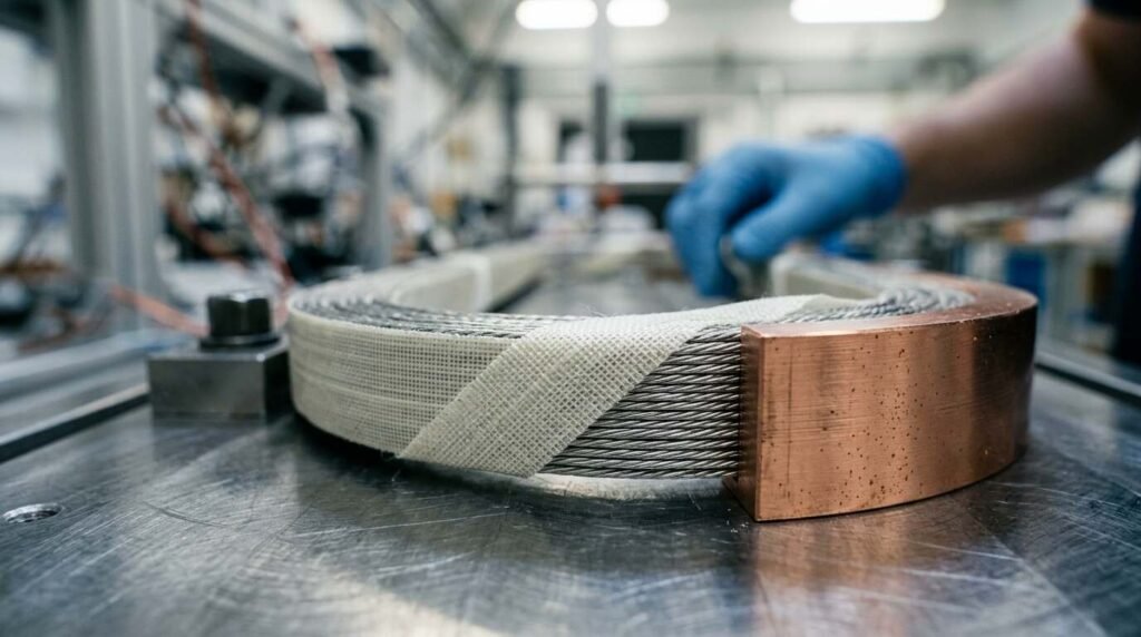 Macro view of a superconducting magnet coil being wound in a clean workshop