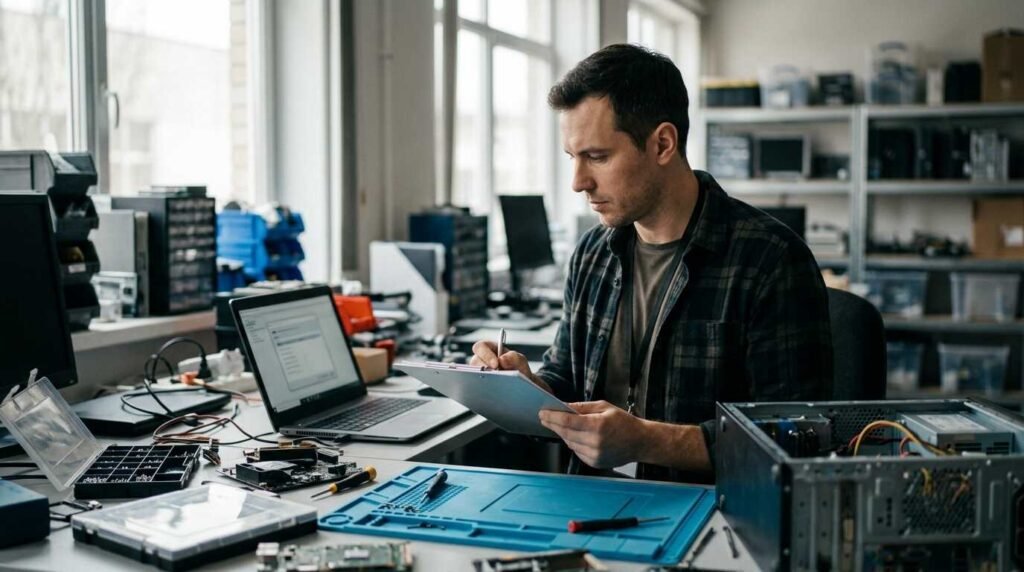 IT technician with a checklist clipboard beside an open laptop