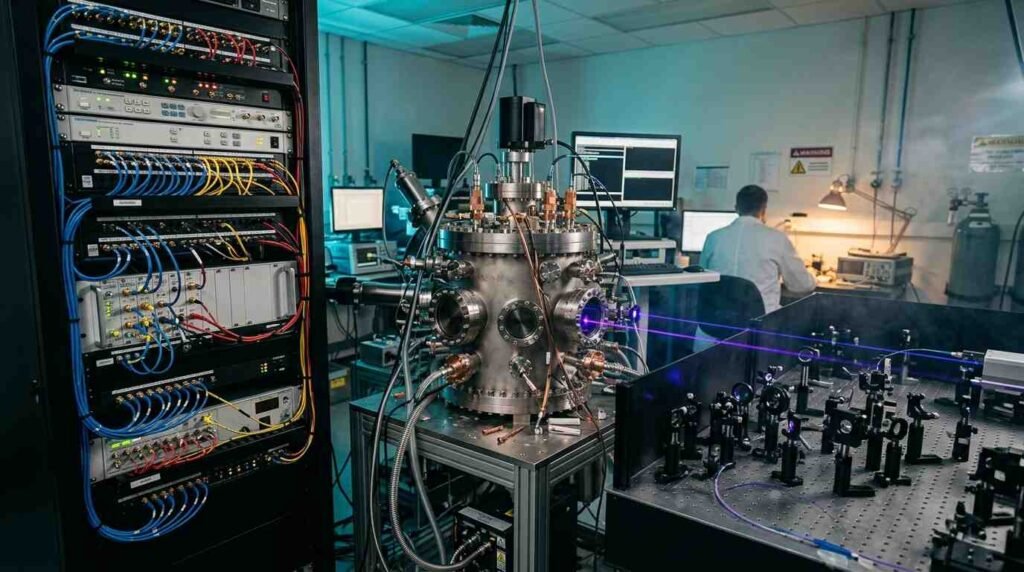 Technician working in a quantum computing lab with an optical table and control racks