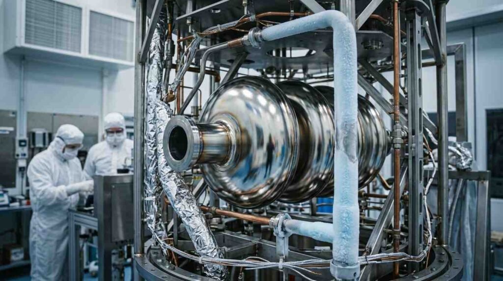 Polished niobium radio-frequency cavity inside a partly assembled cryostat in a clean room