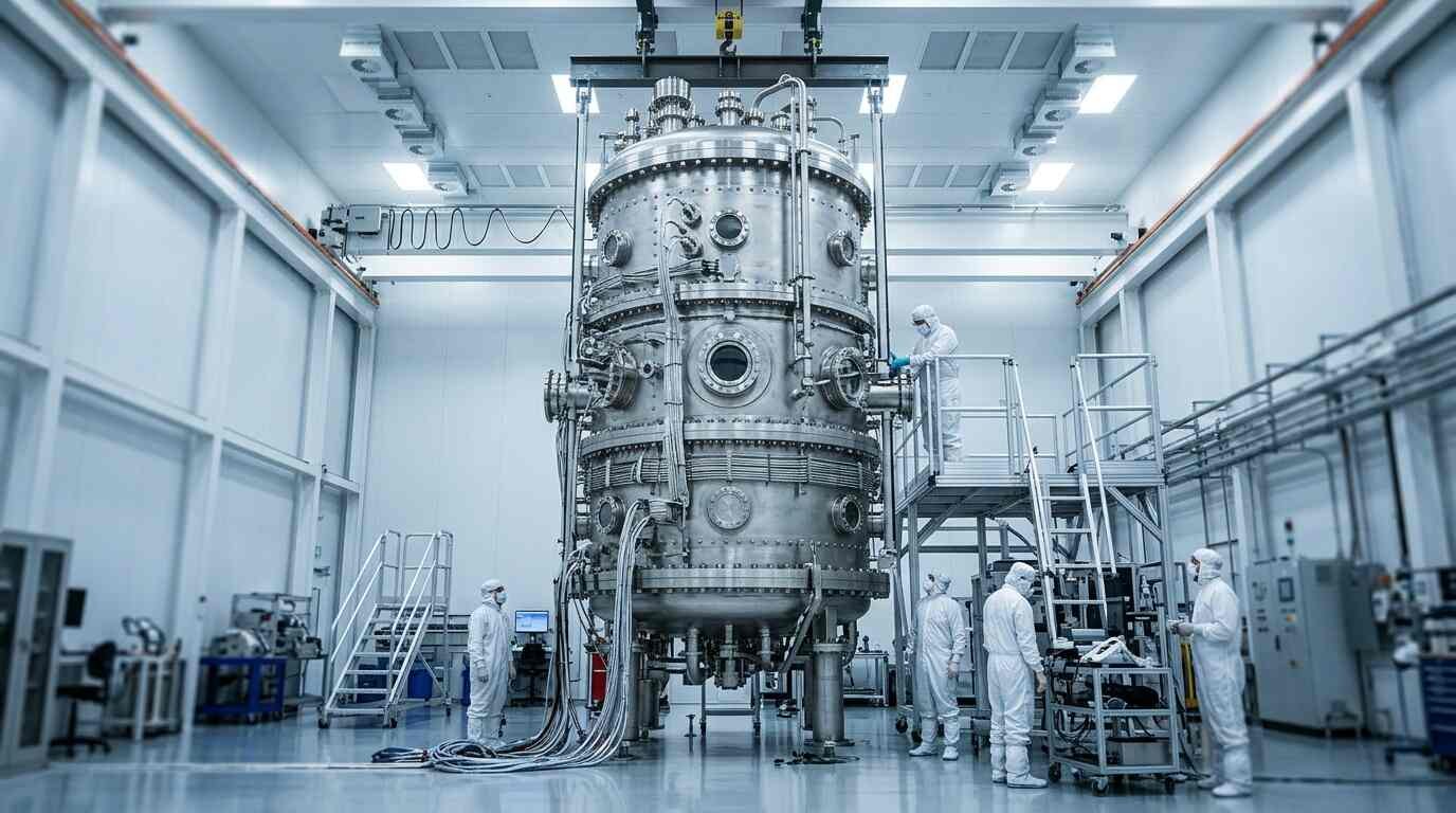 Technicians inspecting a xenon detector vessel in a cleanroom