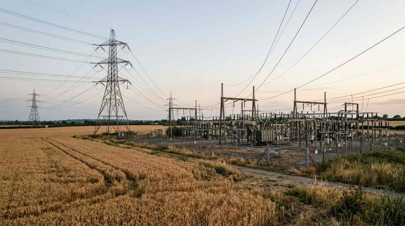 High-voltage transmission towers and an electrical substation beside a wheat field under an evening sky