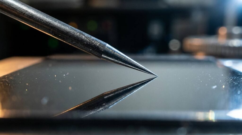 Tungsten probe tip hovering above a polished crystal surface