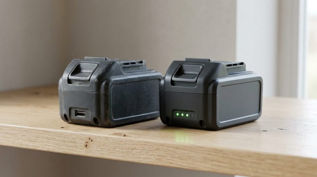 Two generations of cordless battery packs side by side on an oak shelf