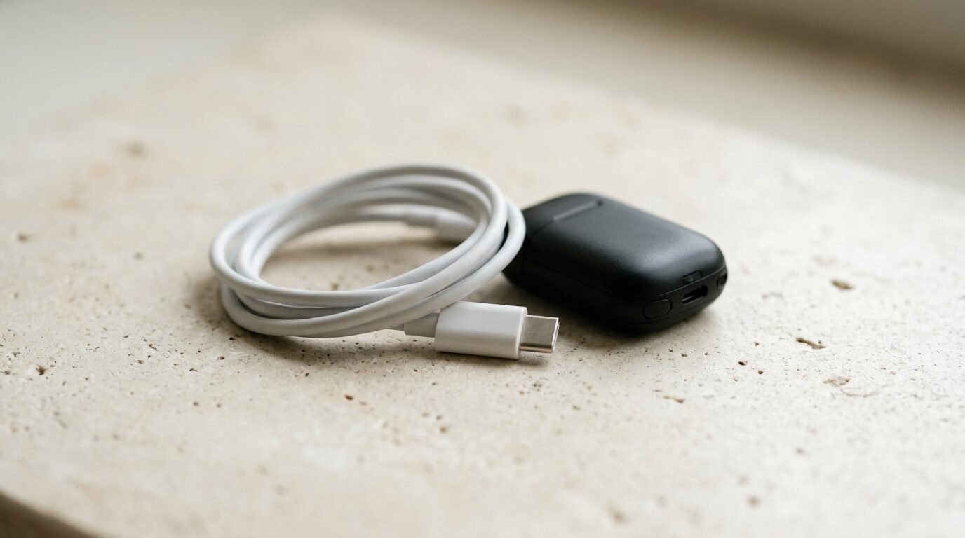 Coiled white USB-C charging cable beside a tiny unmarked black gadget on pale stone
