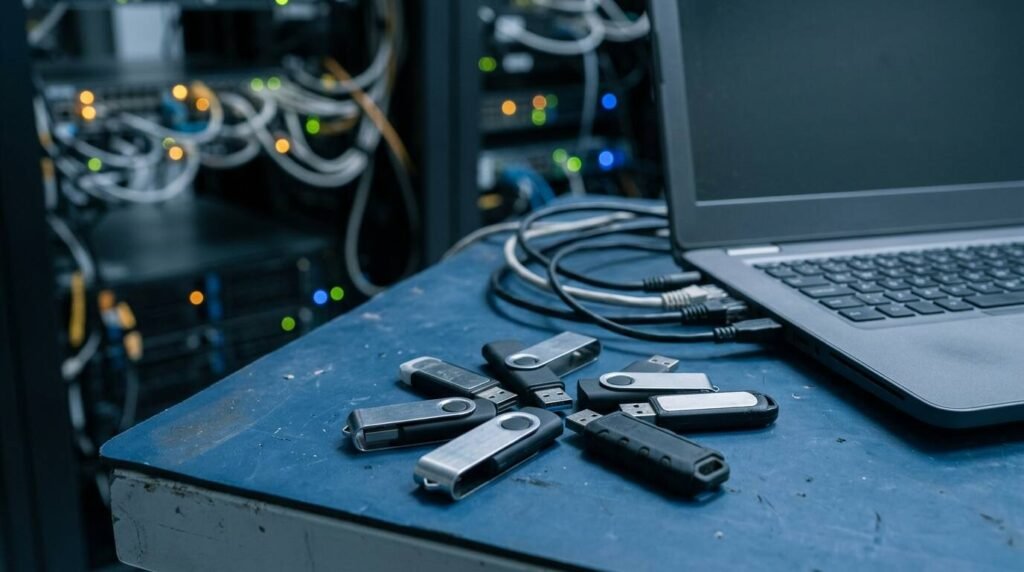 USB flash drives fanned out beside a laptop on a test bench