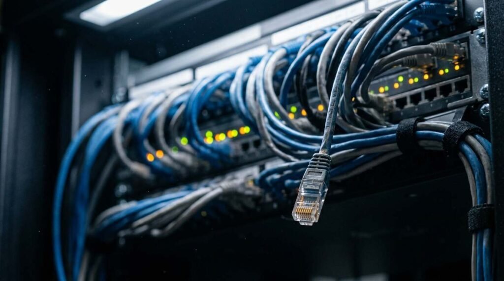 Network patch panel with one unplugged Ethernet cable hanging loose