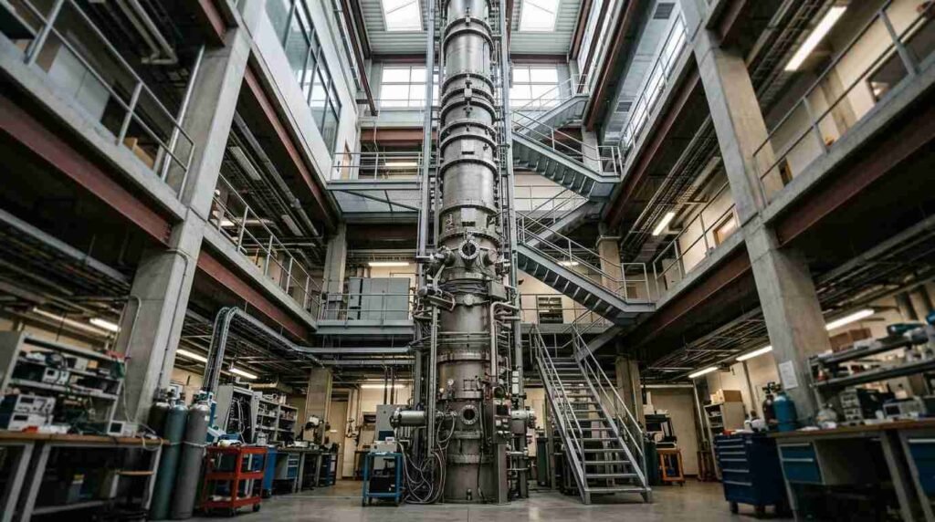 Tall vacuum-tube drop tower in a physics laboratory
