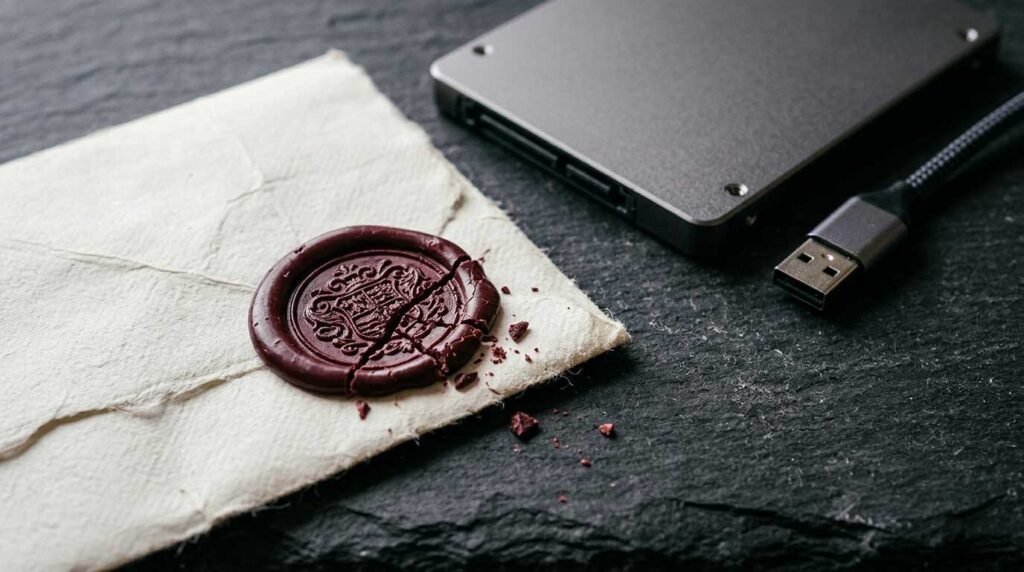 Macro of a half-cracked wax seal on a paper slip beside an SSD and USB cable