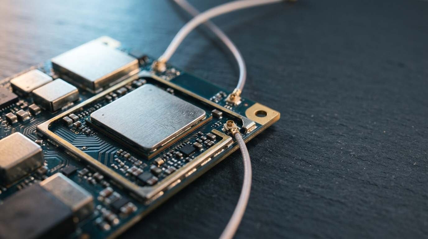 Wireless router circuit board with a system-on-chip and antenna cables on a dark slate surface